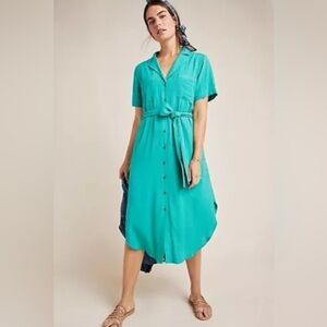 Maeve Anthropologie Aria Midi Shirt Dress Green/Teal Size Small.